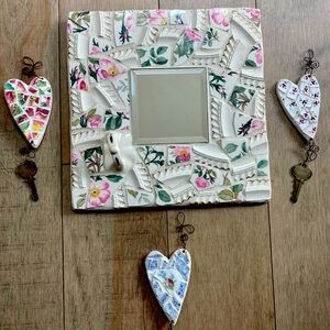 Mirror & 3 Heart Key holders Mosaic China wall art Handmade Victorian Cottage